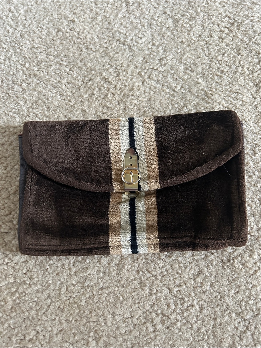 Vintage Brown Velvet Fold-Over Clutch With Stripe Detail